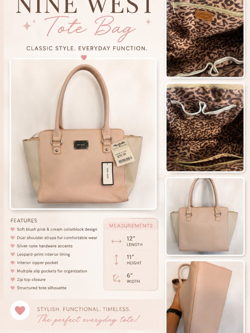 Nine West Blush Pink Tote Handbag Faux Leather Shoulder Bag Purse 12x11x6